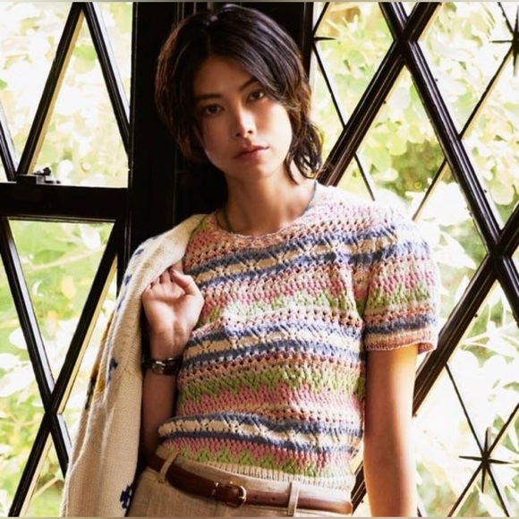 Ralph Lauren Crocheted Knit Sweater Top Crewneck Tee Pastel Vintage Striped S - Picture 5 of 14